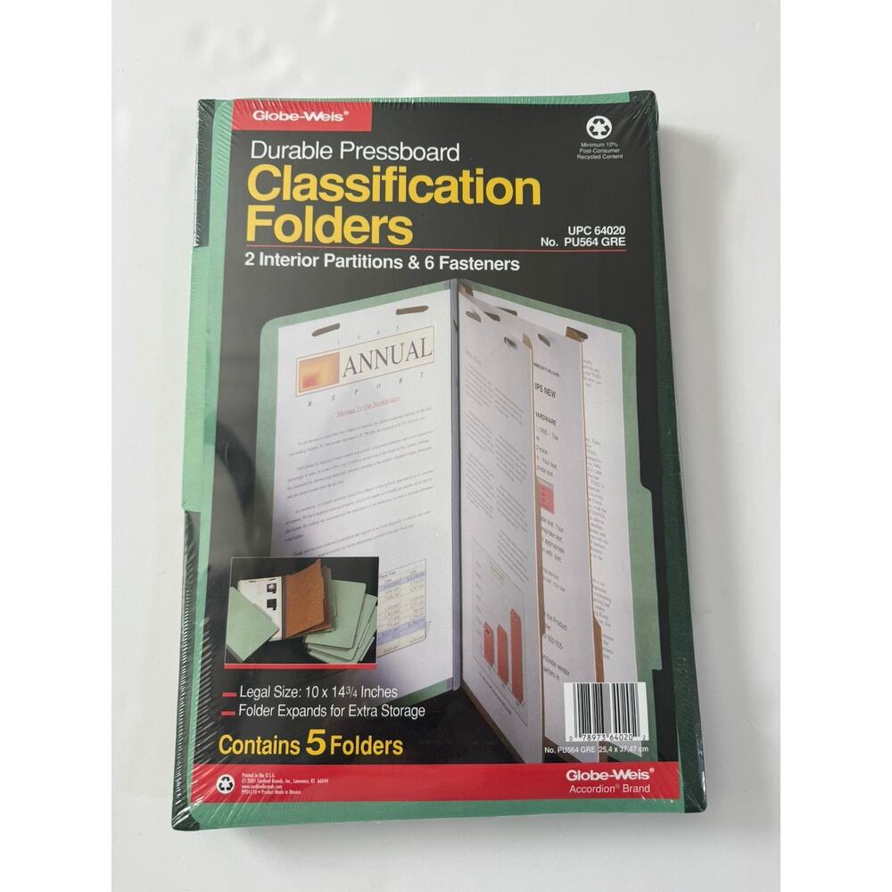 Globe Weis Durable Pressboard Classification Folders 5-Pack New Sealed Legal #70
